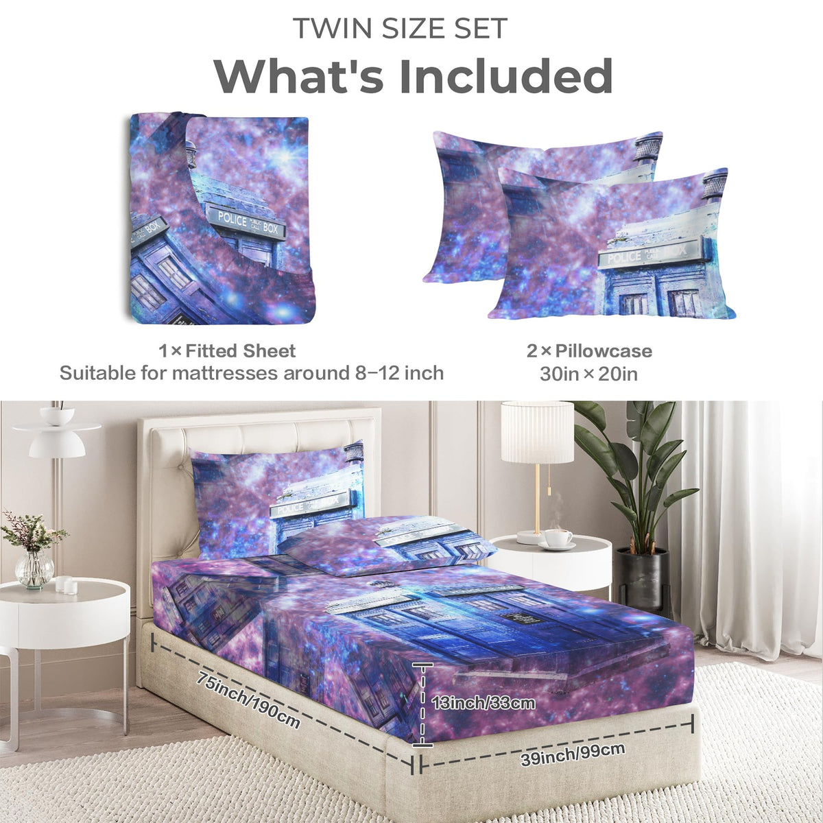 Katerina's Through Time & Space Doctor Desires Twin Bedding Set (Fitted Sheet + Pillowcases) | Ships from USA