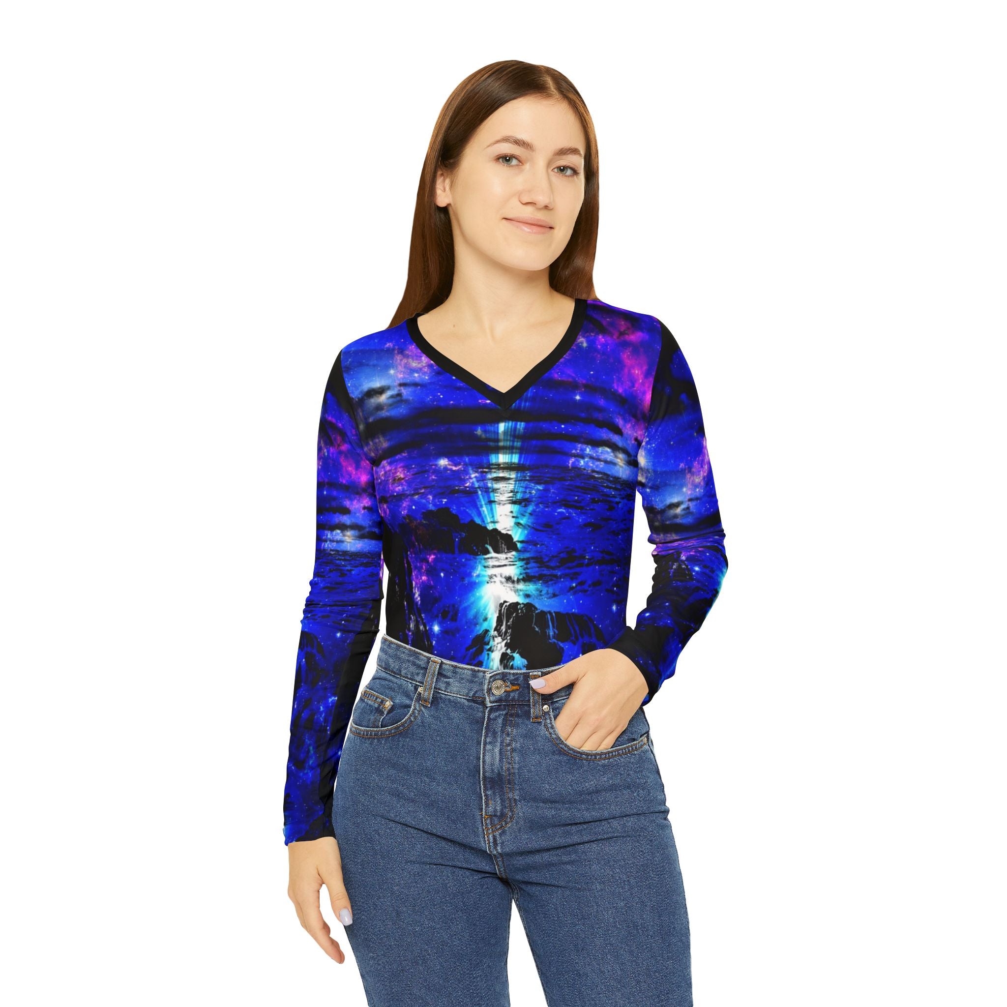 Iridescent Cosmic Falls Dreams Long Sleeve V-neck Shirt