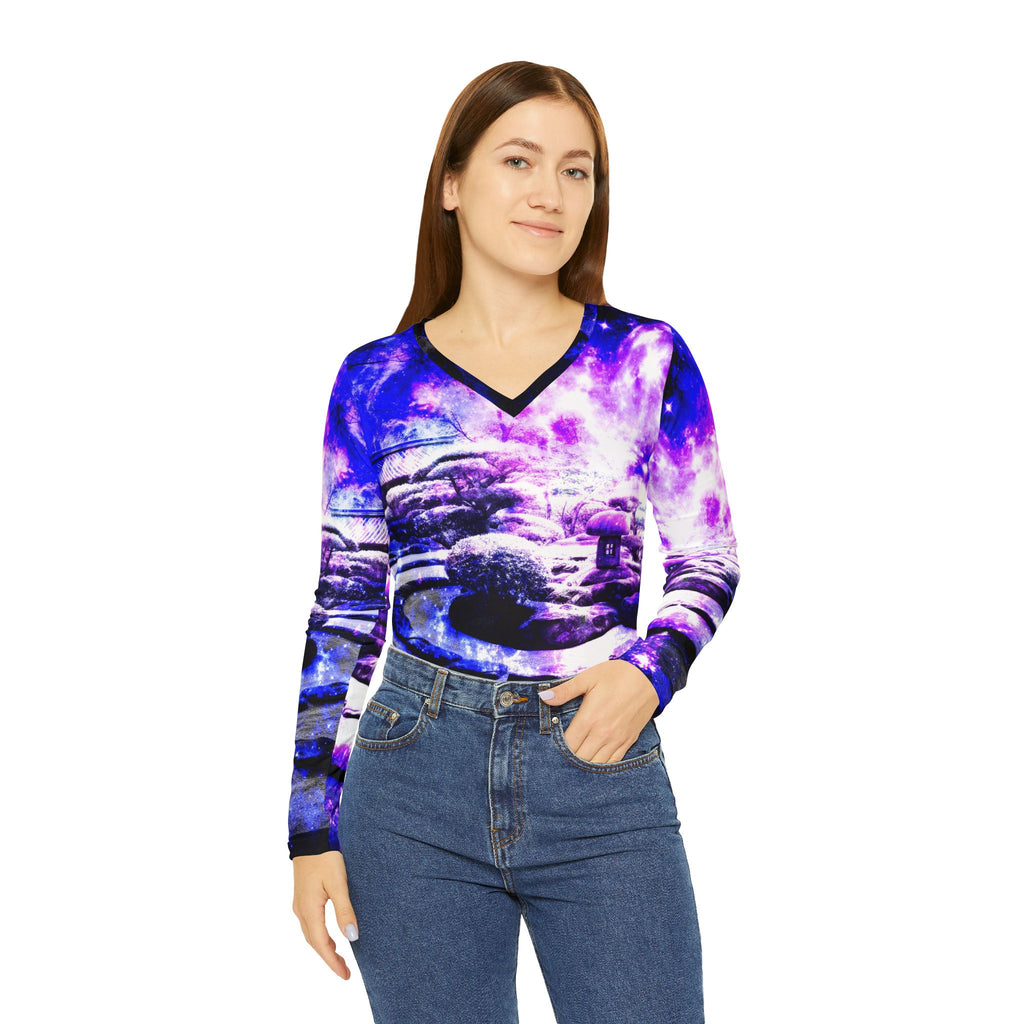 Amethyst Rose Tranquil Garden Dreams Women's Long Sleeve V-neck Shirt