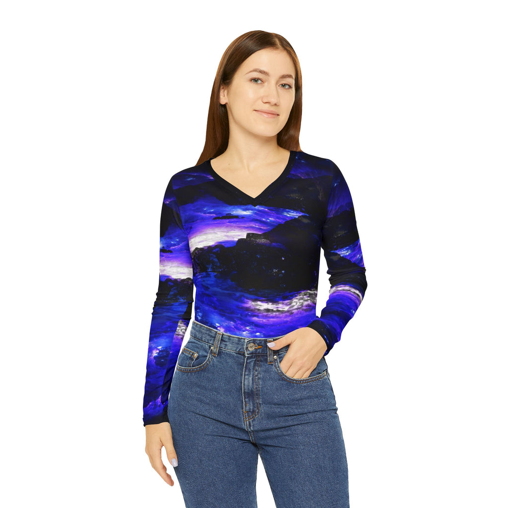 Amethyst Sapphire Somewhere on the Indian Ocean Dreams Women's Long Sleeve V-neck Shirt