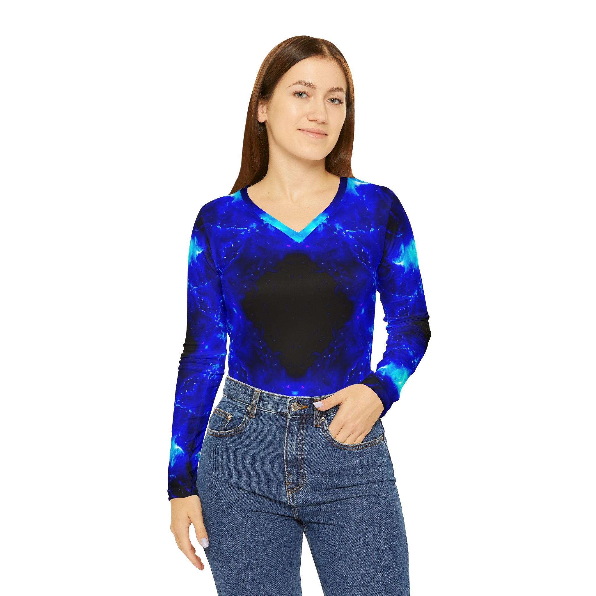 Amen Jin's Blue Flame Desires Long Sleeve V-neck Shirt