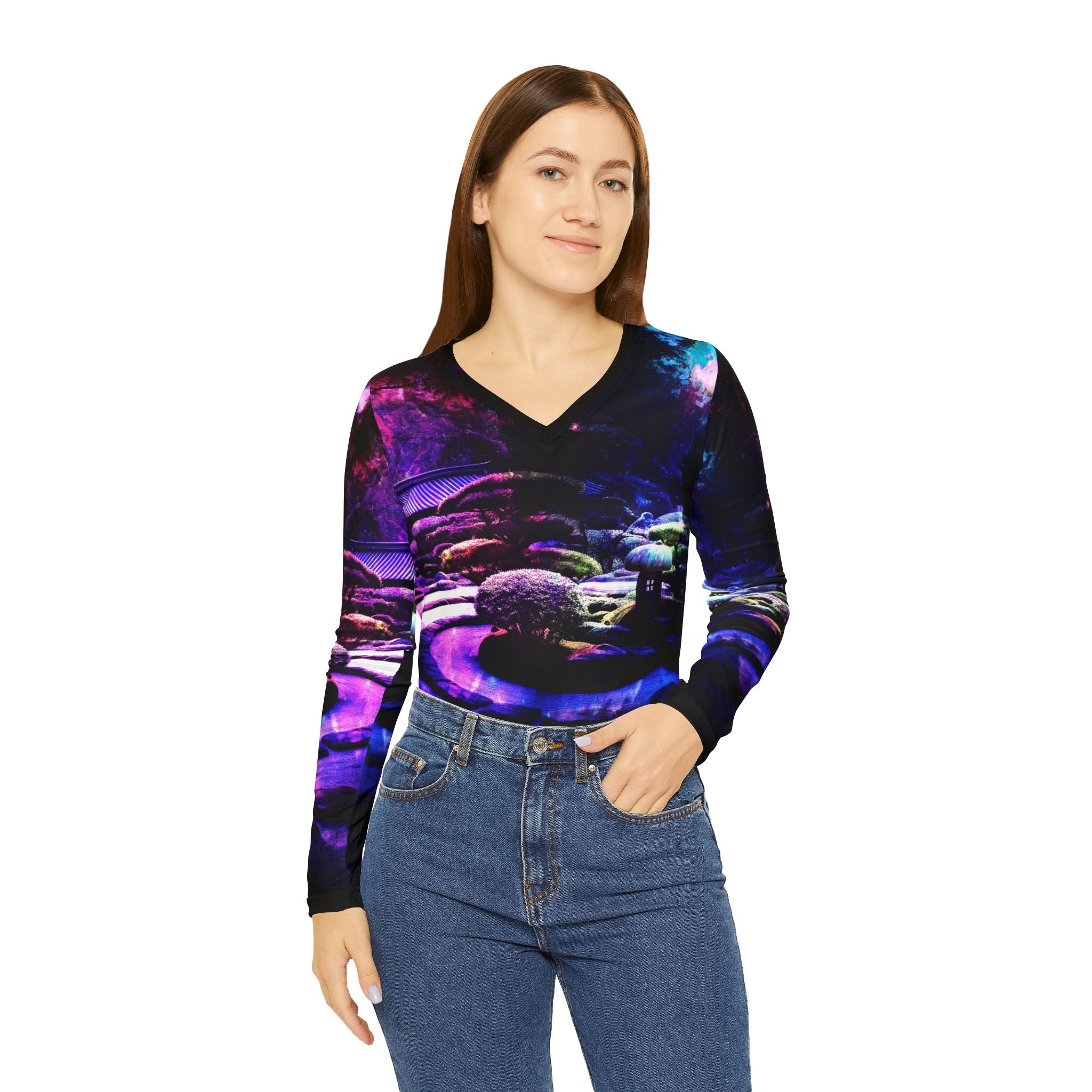 Ad Amoreum Amisi Tranquil Garden Dreams Women's Long Sleeve V-neck Shirt