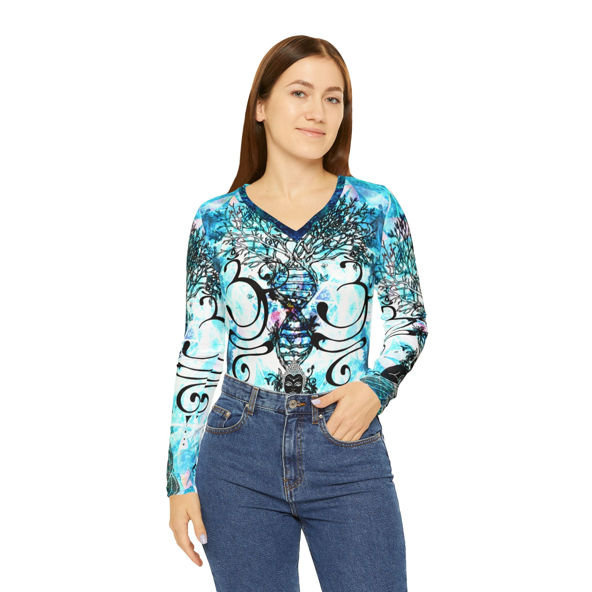 Amen Jin's all the White Horses Buddha Meditations Long Sleeve V-neck Shirt