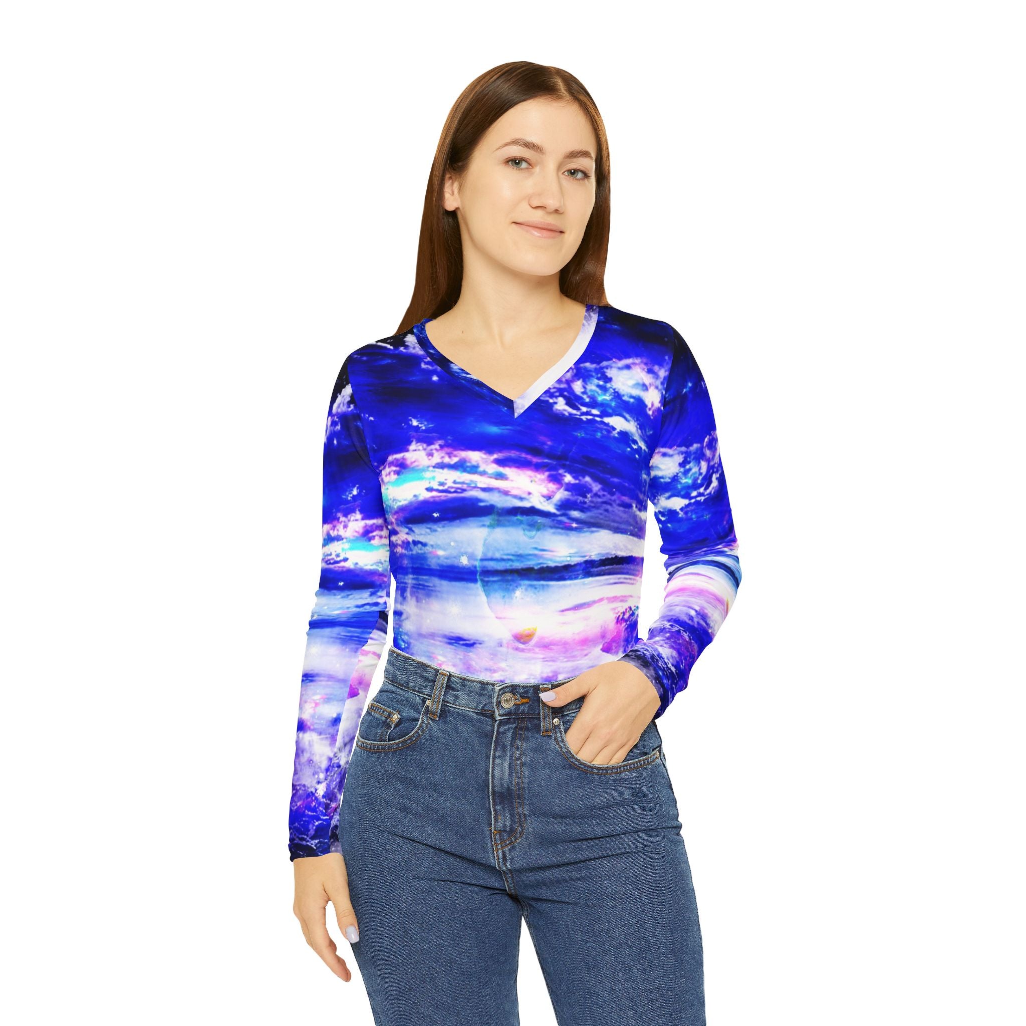 Amethyst Sapphire Dancing Sea Dreams  Women's Long Sleeve V-neck Shirt
