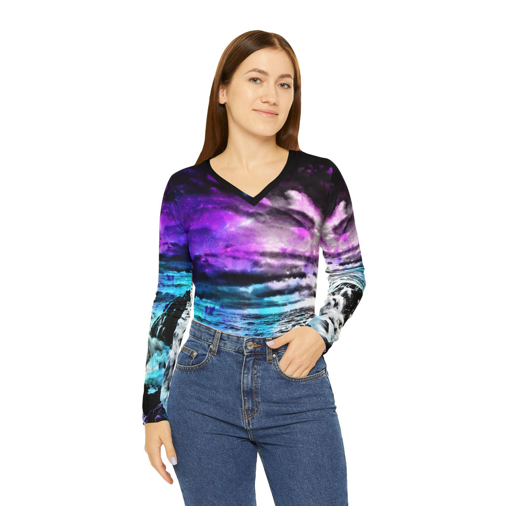 Creation's Heaven Cosmic Falls Dreams Women's Long Sleeve V-neck Shirt