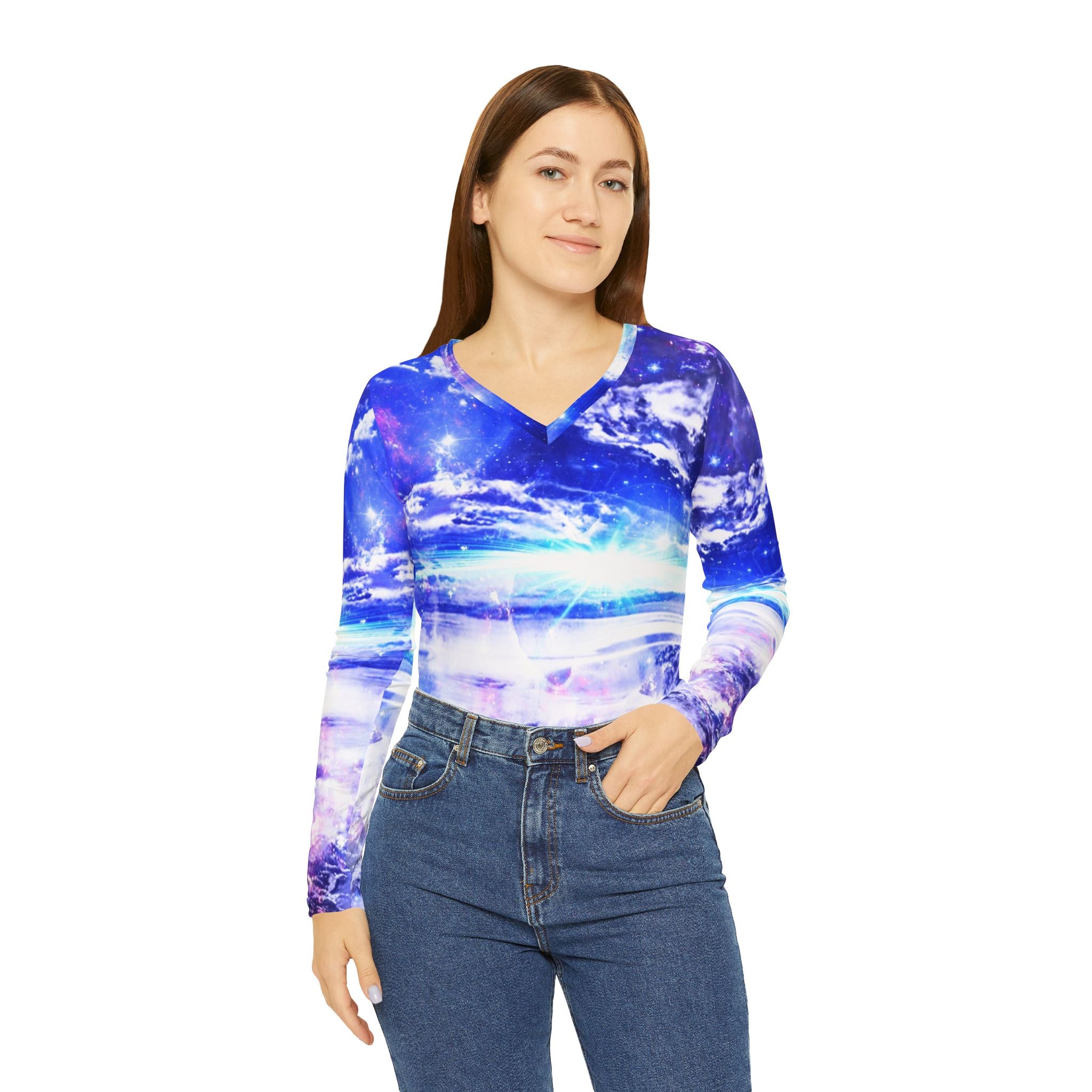Iridescent Dancing Sea Dreams Women's Long Sleeve V-neck Shirt