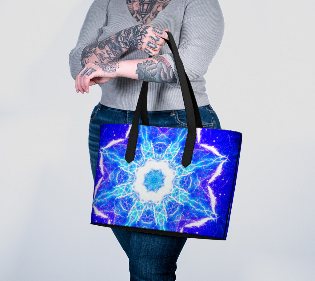 Katerina's Mandala of Electric Dragon Fire Desires Vegan Leather Tote Bag