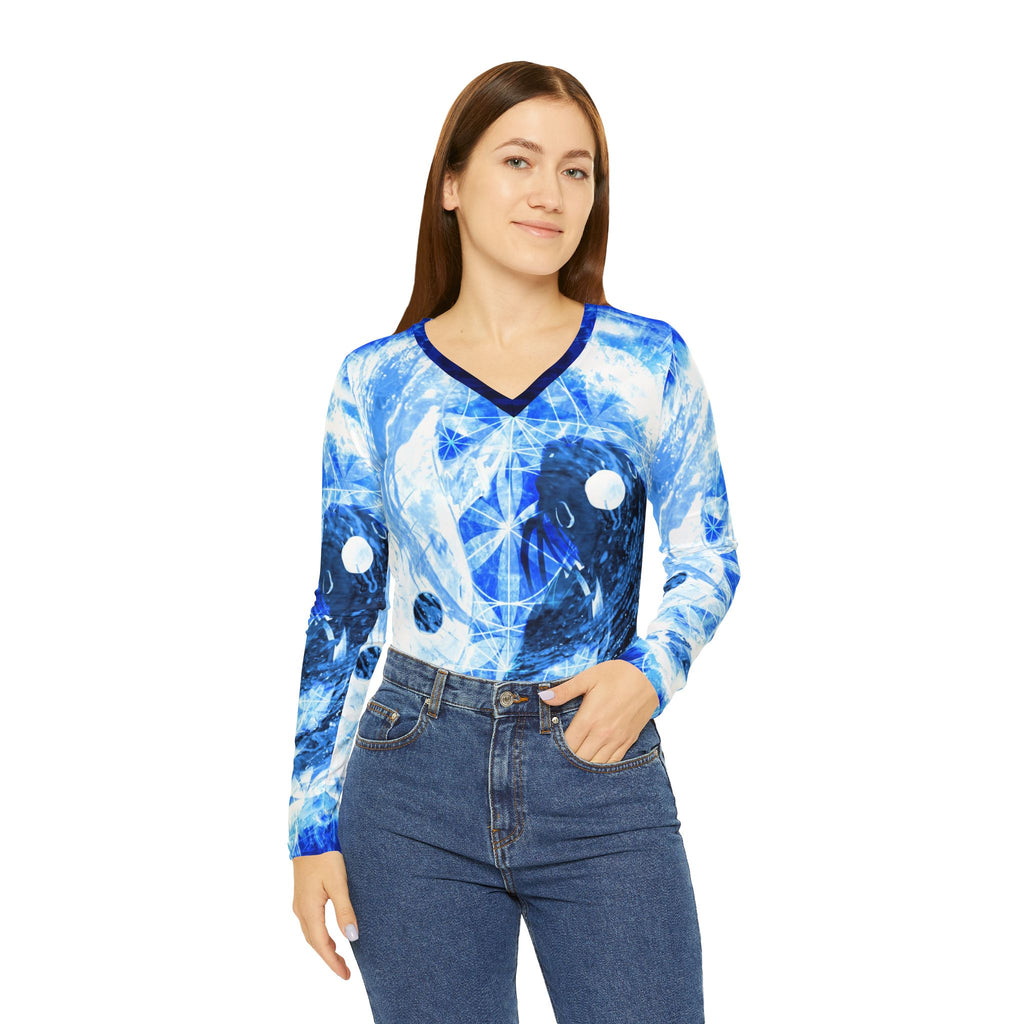 Amen Jin's Blue Sun Koi Meditations Women's Long Sleeve V-neck Shirt