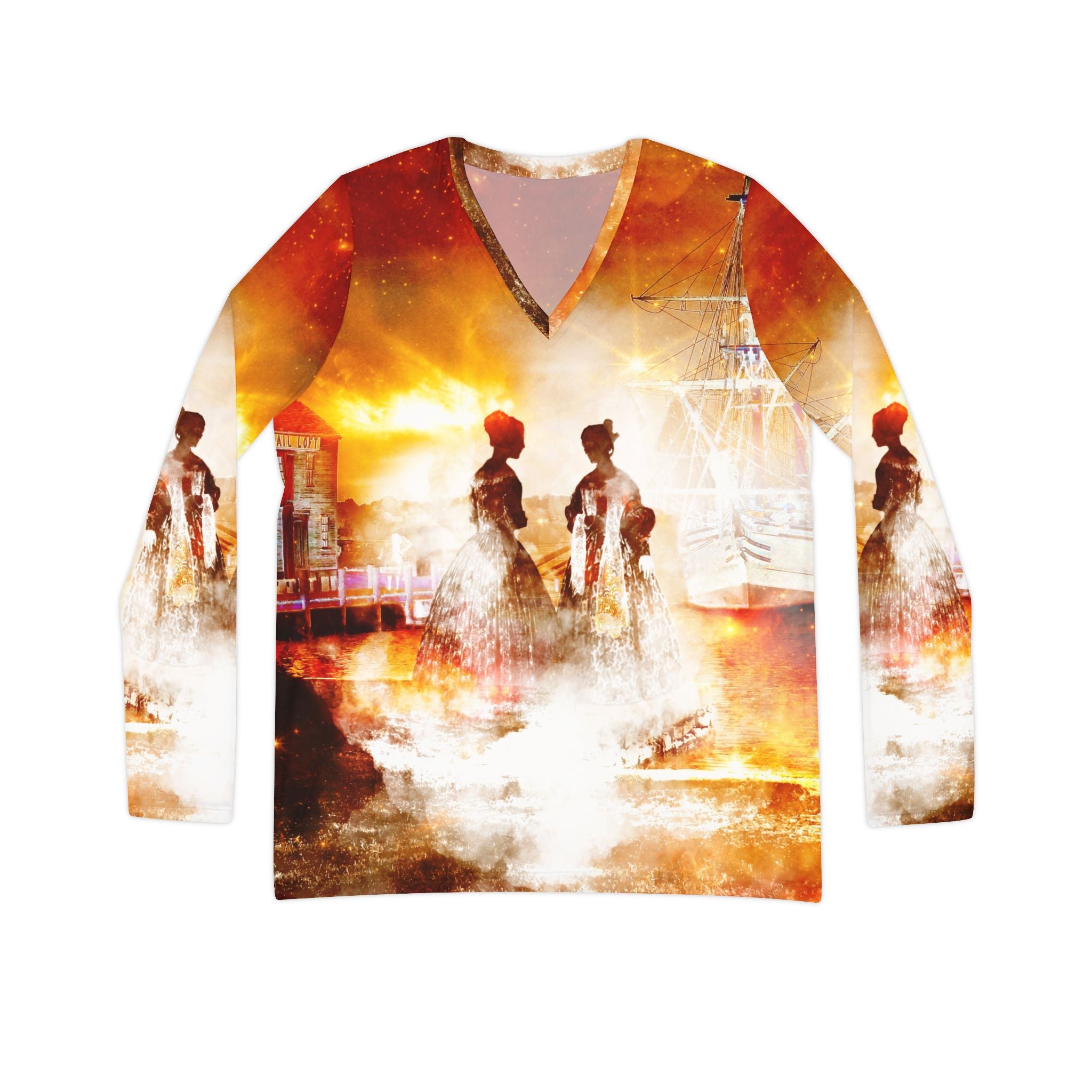 Samhain Eve Salem Harbor Dream Women's Long Sleeve V-neck Shirt