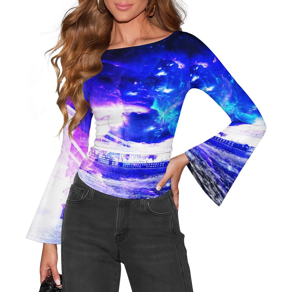Ad Amourem Amisi Amethyst Sapphire Budapest Dreams Women's Boat Neck Bell Sleeve T-shirt