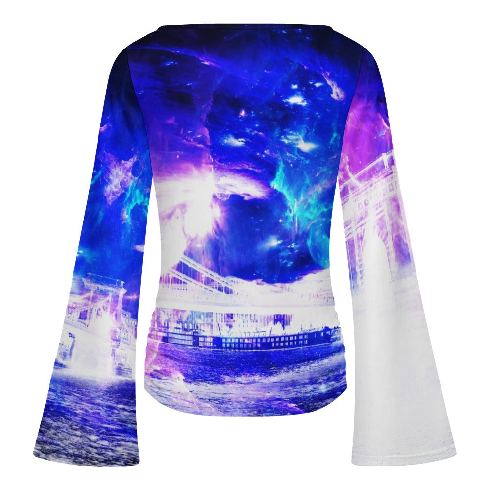 Ad Amourem Amisi Amethyst Sapphire Budapest Dreams Women's Boat Neck Bell Sleeve T-shirt