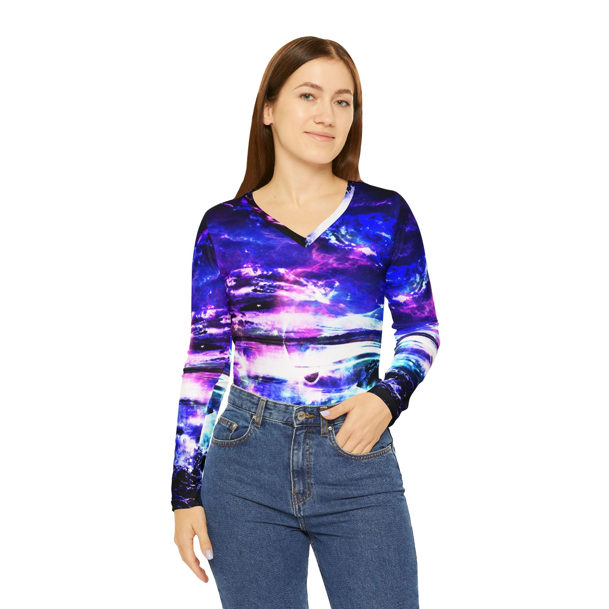 Amethyst Dancing Sea Dreams  Women's Long Sleeve V-neck Shirt
