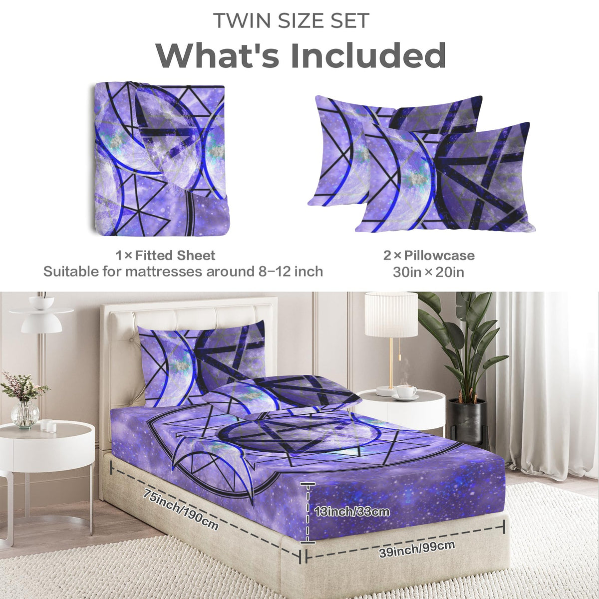 Katerina's Triple Goddess Magickal Desires Twin Bedding Set (Fitted Sheet + Pillowcases) | Ships from USA