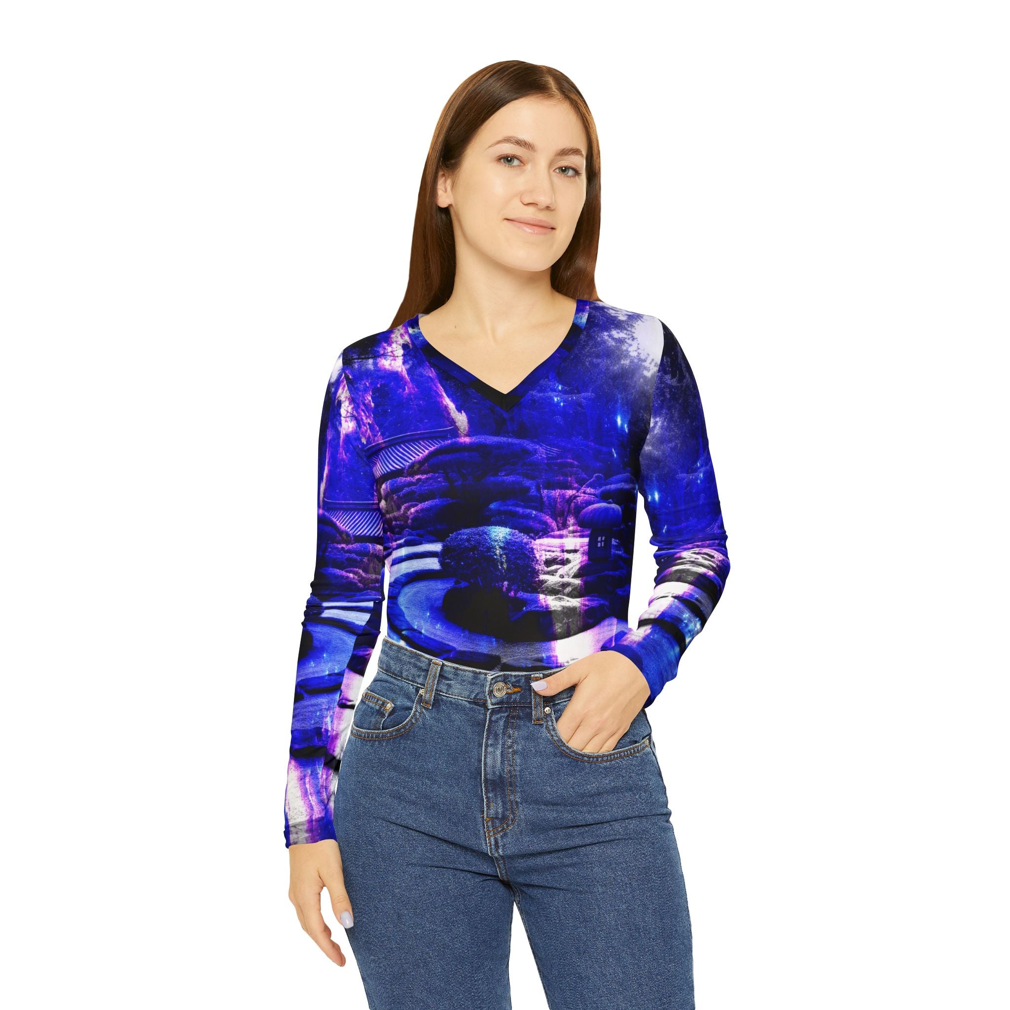 Amethyst Sapphire Tranquil Garden Dreams Women's Long Sleeve V-neck Shirt