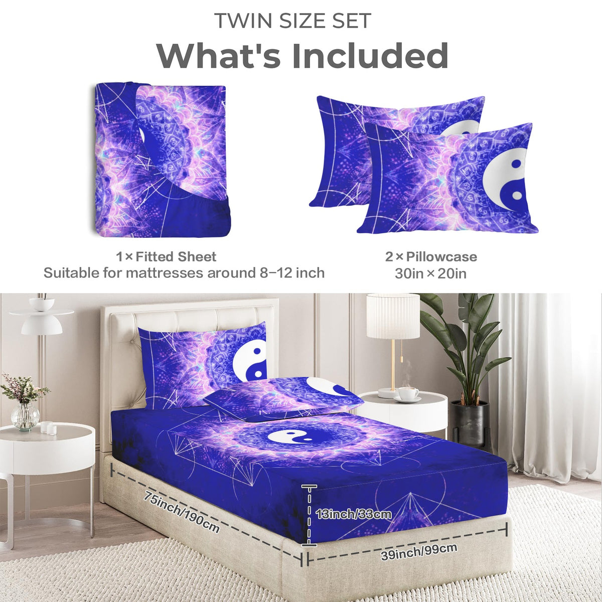 Katerina's Uncertainty in Time & Space Yin Yang Meditations Twin Bedding Set (Fitted Sheet + Pillowcases) | Ships from USA