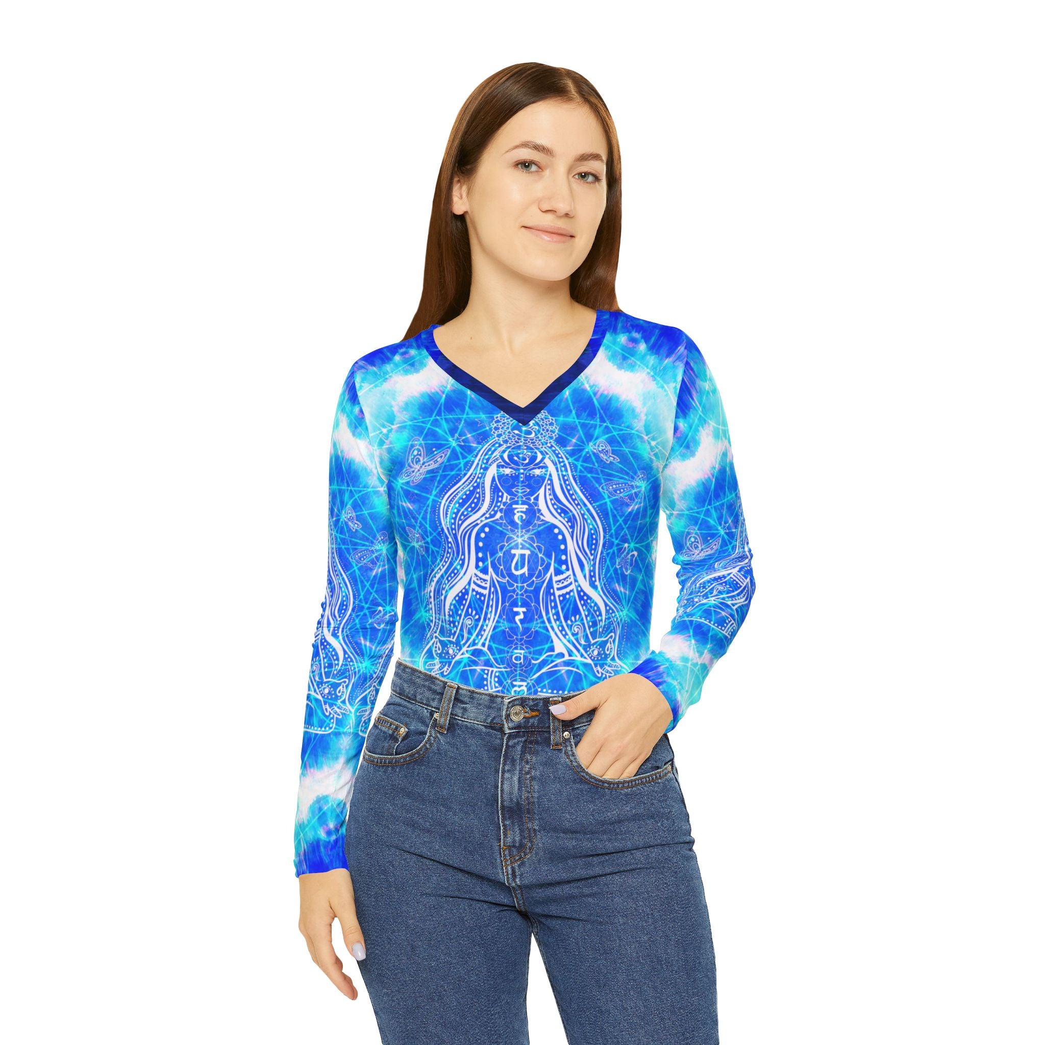 Amen Jin's Blue Sun Cosmic Meditations Women's Long Sleeve V-neck Shirt