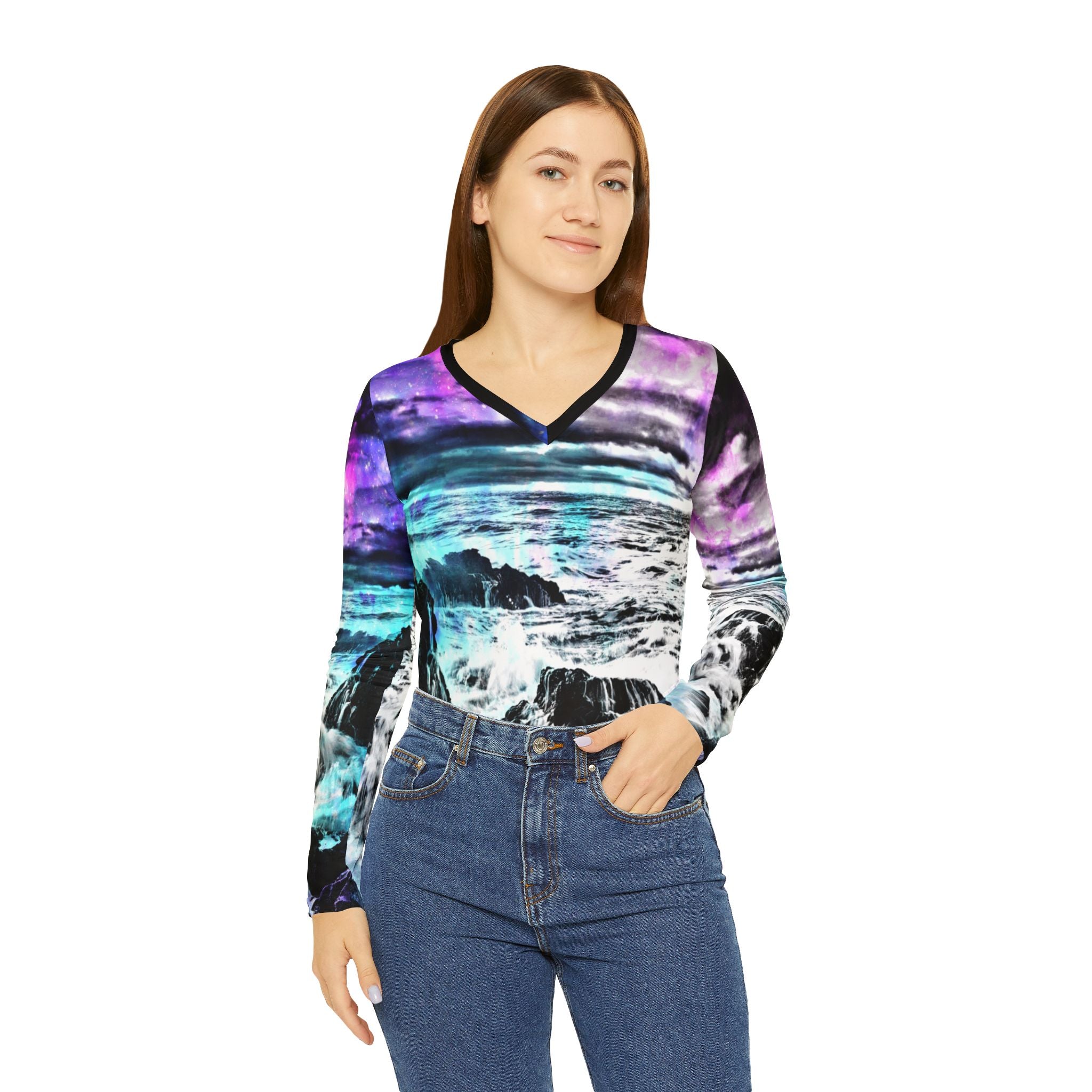 Lover's Creation's Heaven Cosmic Falls Dreams Long Sleeve V-neck Shirt
