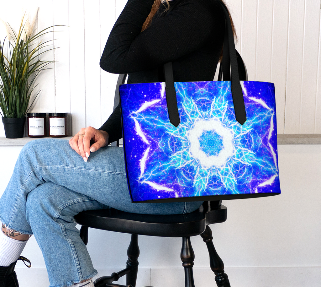 Katerina's Mandala of Electric Dragon Fire Desires Vegan Leather Tote Bag
